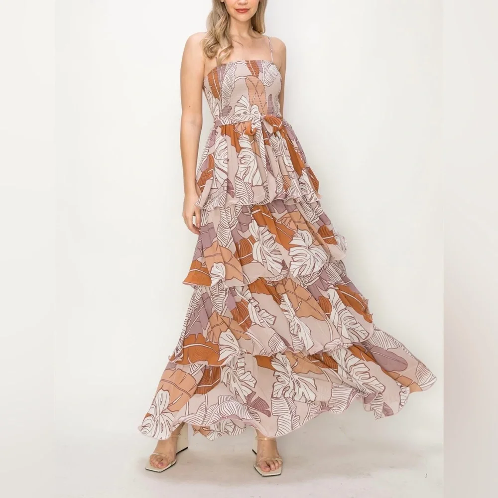 Leaf Print Multicolor Sleeveless Smocked Tiered Maxi Dress